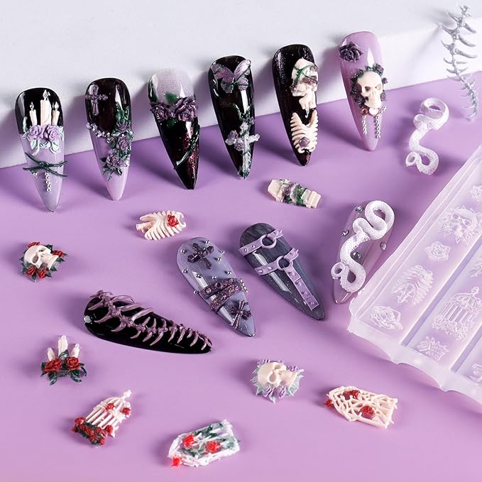 Laza 4pcs Gothic Silicone Nail Art Molds, 3D Rose, Snake, Bones, Cross, Collar, Skull Exquisite Silicone Nail Accessories with Carving Pen Resin Nail Art Mold Manicure Tools for DIY Salon Nail Design