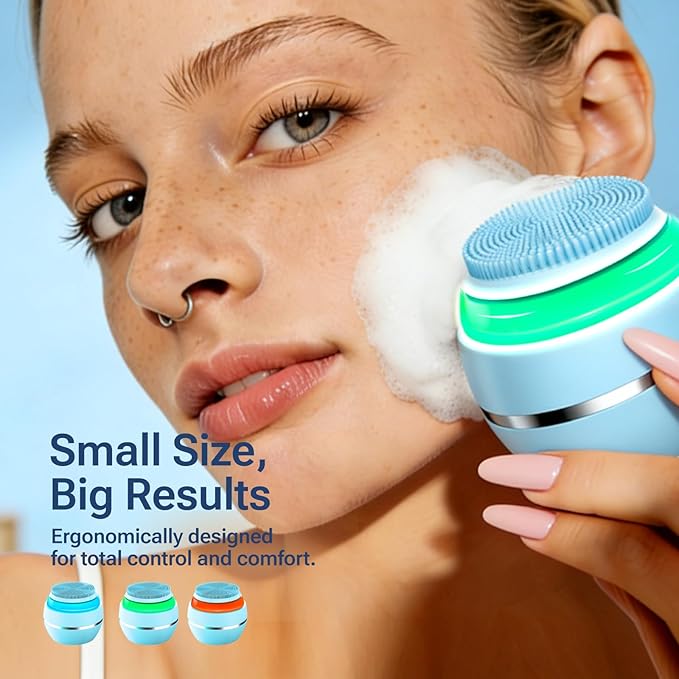 Electric Face Scrubber & Silicone Facial Cleansing Brush - Waterproof Sonic Face Brush Exfoliator with LED Screen, 3 Beauty Light Modes, Rechargeable Face Wash Brush for Deep Cleaning & Massage-Blue