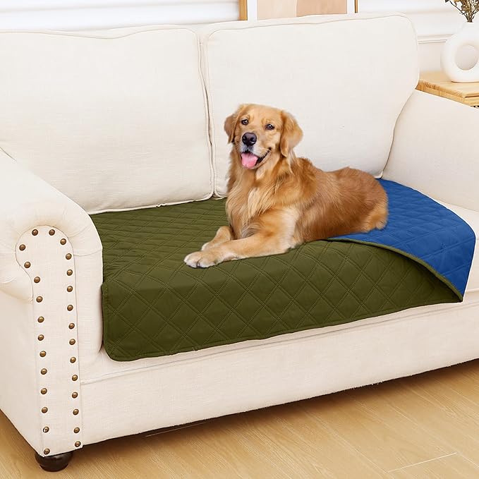 Smiry Waterproof Dog Bed Cover Pet Blanket, Soft Washable Dog Blanket for Furniture Bed Couch Sofa Reversible, Checkered (30"x53", Green/Navy)