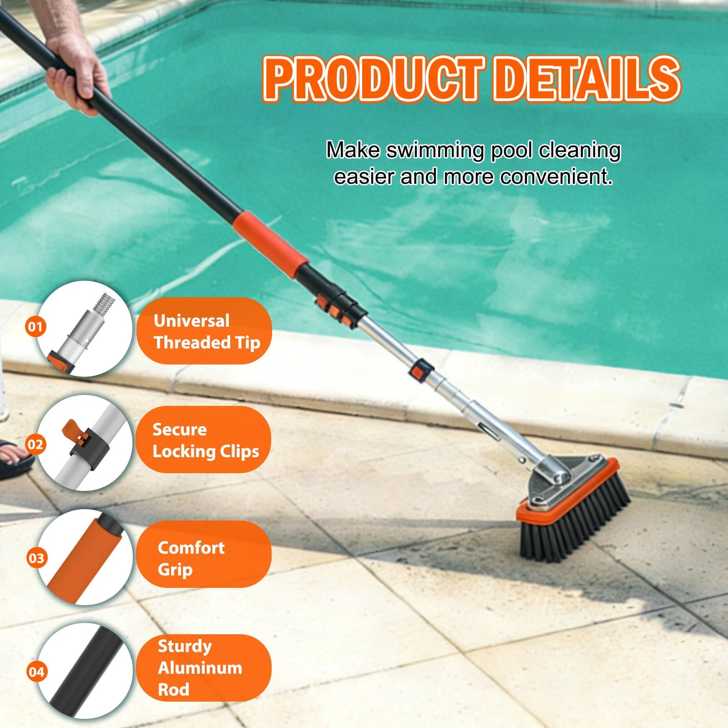 SISIUPASSIE Pool Brush Kit with Pole, Upgrade 18" Pool Brush and High-Efficiency Stainless Steel Bristles Brush with Telescopic Pole for Cleaning Pool Walls, Curved Ends, Tiles & Floors, 20 FT