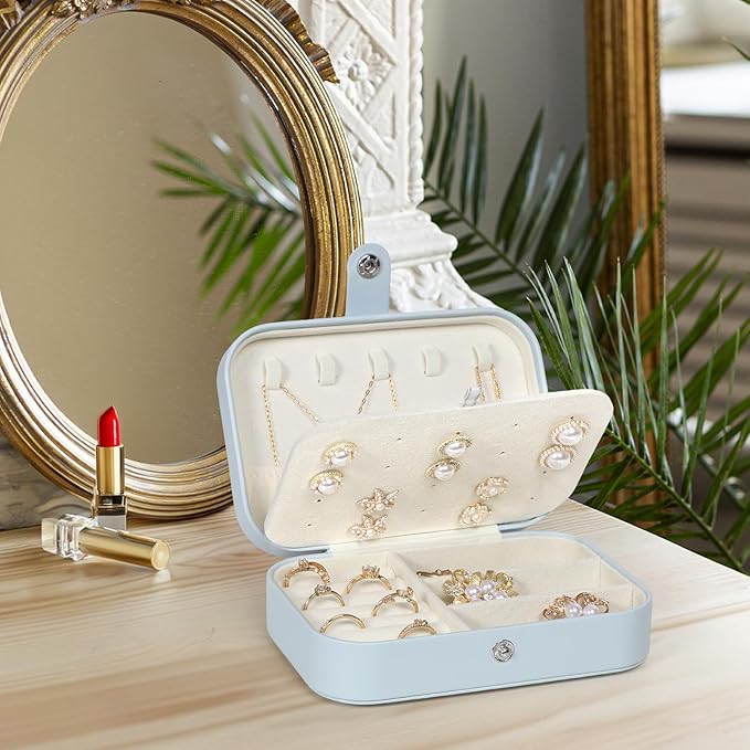 Hatori Travel Jewelry Box, PU Leather Small Jewelry Organizer for Women Girls, Double Layer Portable Mini Travel Case Display Storage Holder Boxes for Stud Earrings, Rings (Light Blue)