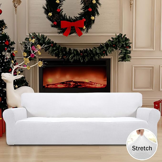 Easy-Going Stretch 4 Seater Sofa Slipcover 1-Piece Sofa Cover Furniture Protector Couch Soft with Elastic Bottom for Kids, Polyester Spandex Jacquard Fabric Small Checks Snow White