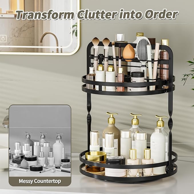 360ÃÂ° Rotating Makeup Organizer, 2-Tier Black Perfume Organizer for Dresser, Bathroom Organizers Countertop, Perfume Shelf with Makeup Brush Holder, Skincare Holder Cosmetic Display(Black)