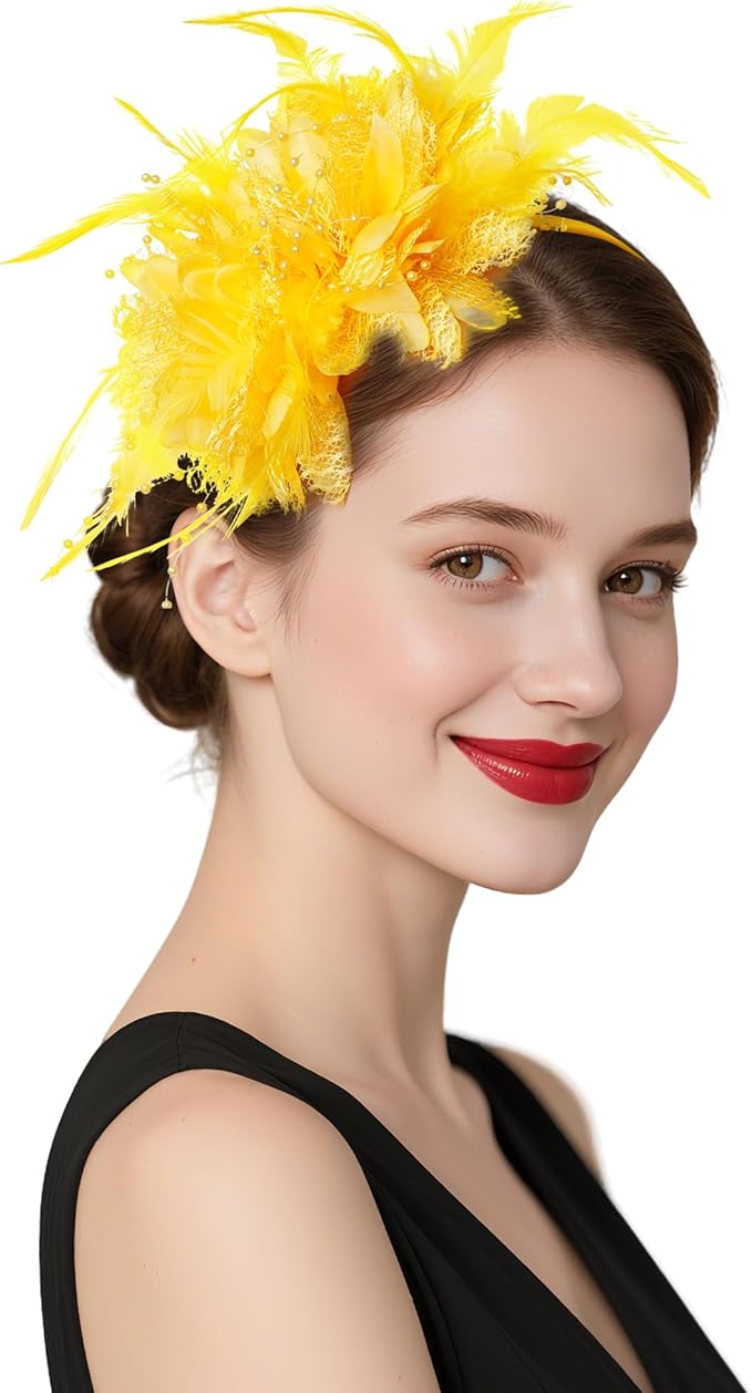 Womens Fascinators Hats Tea Party Hats for Women, Feather Pearl Veil Headband for Wedding Cocktail Dresses Accessories