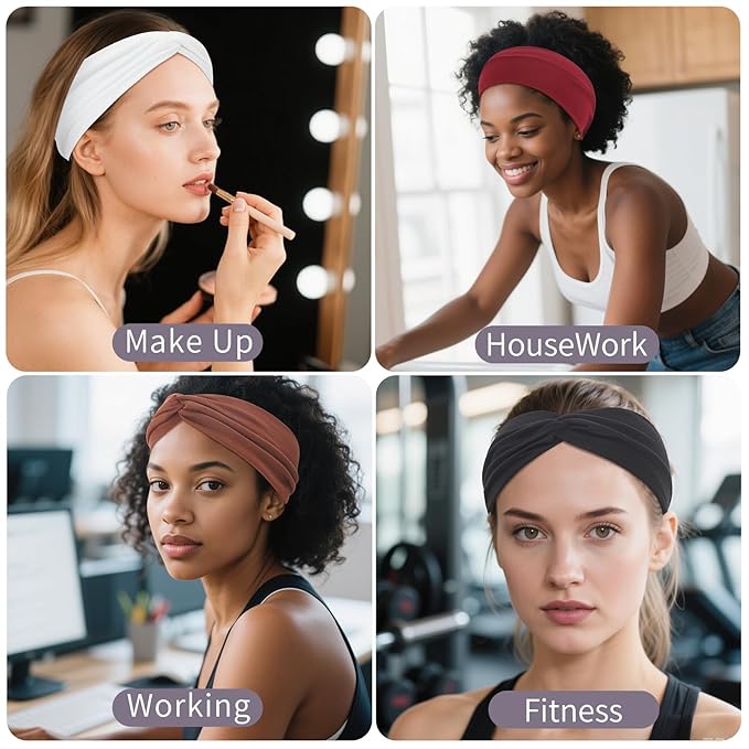 12 Pcs Stretchy Headbands for Women, Absorbed Sport Headband Soft Twist Knotted Hairbands for Daily Life Yoga Workout(Black/Brown/White/Red)