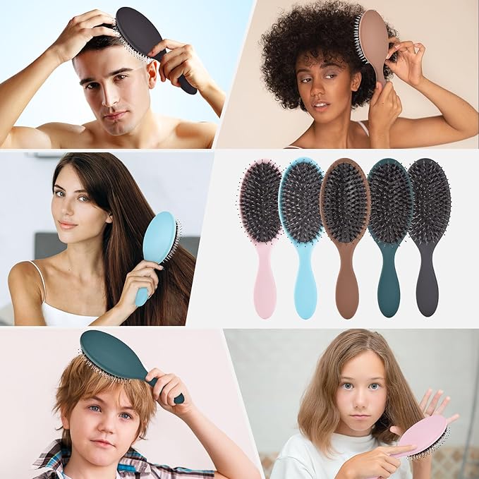 Boar Bristles Hair Brush for Women and Men, Detangling Hair Brush for Smoothing Massage Add Shine, Nylon&Boar Bristles Detangler brush for Hair Healthy (1 Pack-Pink)