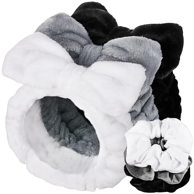 LEOBRO Spa Headband, 6pcs Makeup Headbands and Hair Scrunchies, Bow Skin Care Headband for Washing Face for Teen Girls Women, Easter Basket Valentines Gifts for Girls, Black & White & Gray