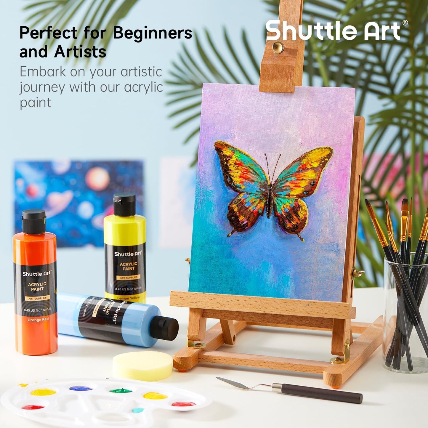 Shuttle Art 18 Colors Acrylic Paint Bottle Set (250ml/8.45oz), Rich Pigmented Bulk Painting Supplies for Artists, Beginners and Kids on Rocks Crafts Canvas Wood Ceramic