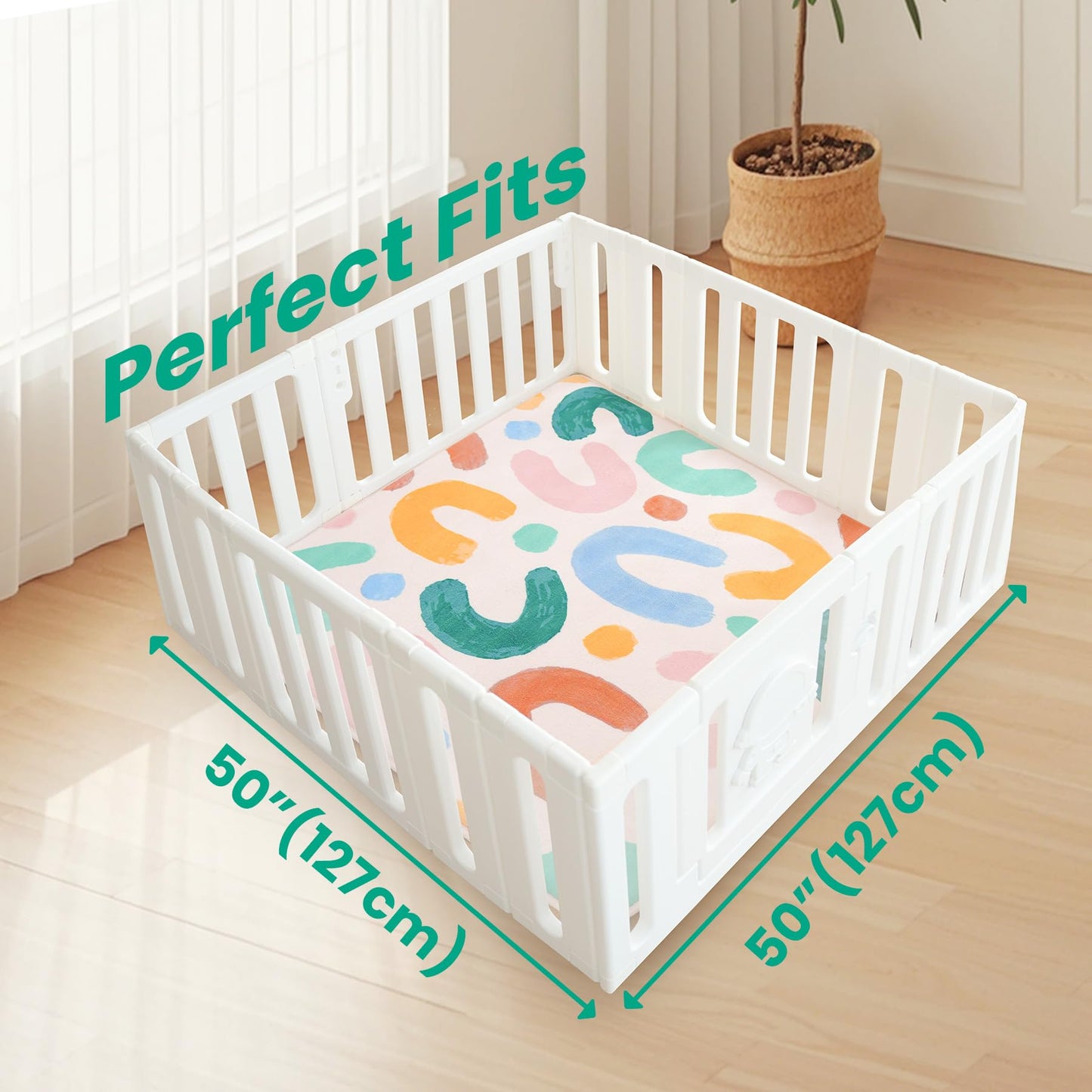 Baby Play Mat for Floor,1.3" Thick Cushioned Playpen Mat 50"x50",Extra Soft Elasti-Foam,Water Repellent Coral Velvet,Non-Slip for Crawling&Tummy Time,Infant Toddler Kids Nursery Rug(Doodle)