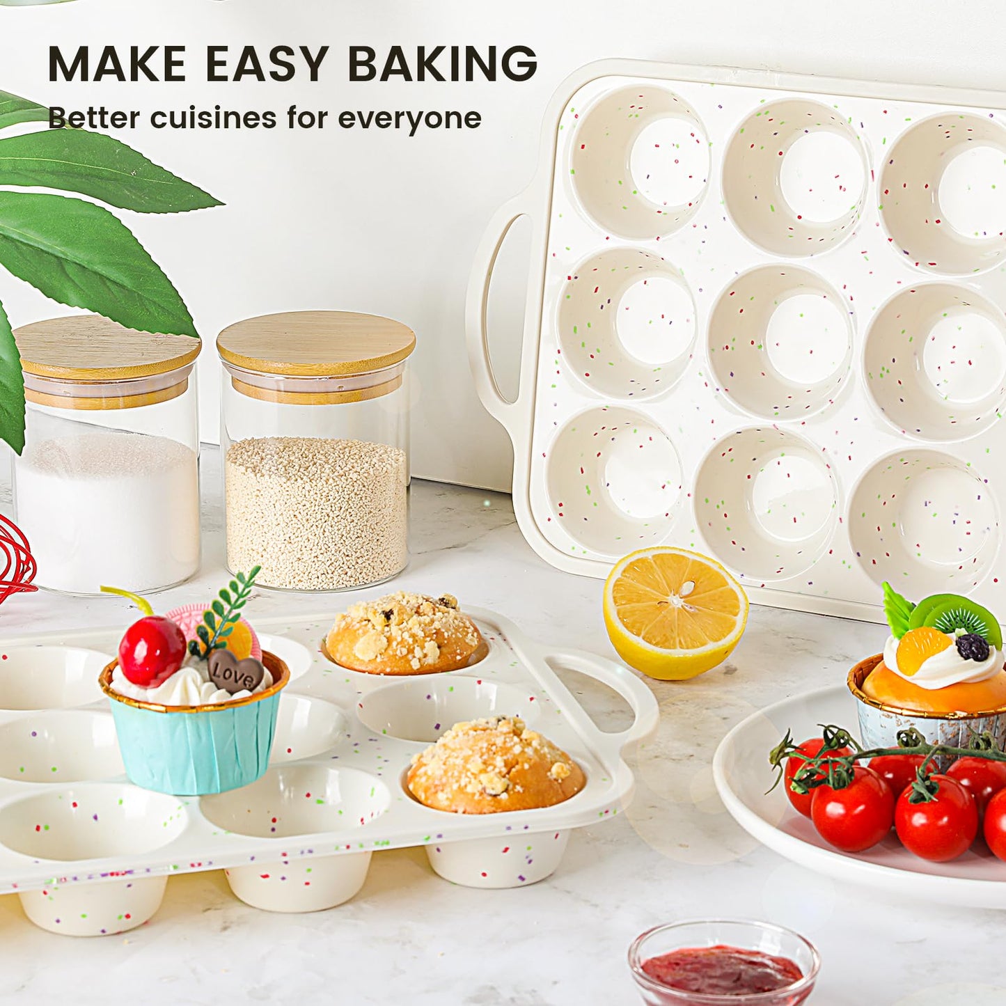 Vinino 2Pack Silicone Muffin Pan for Baking with Metal Reinforced Frame, Regular 12 Cup and Mini 24 Cup Nonstick Cupcake Pan Set, BPA Free Silicone Muffin Tray Molds for Oven Dishwasher Safe