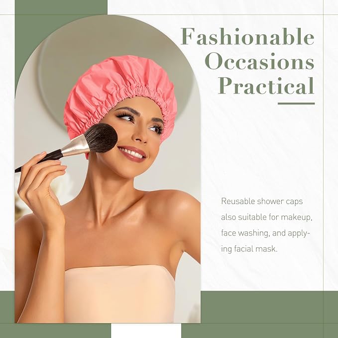 Reusable Shower Cap for Women, Large Waterproof Shower Bonnet with Elastic Band, Washable Bath Hair Cap for Long, Curly Hair, Braids, Daily Shower, Home Spa, Travel(Orange Pink)