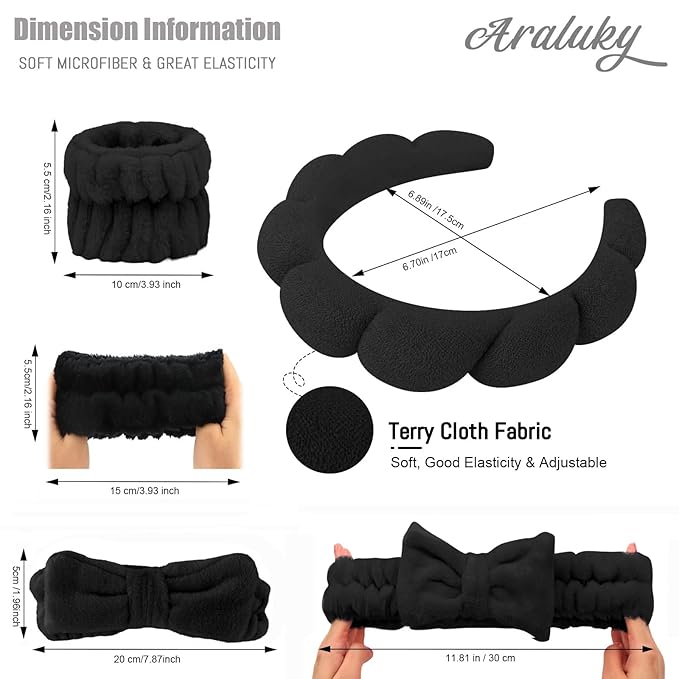 6 Pcs Puffy Terry Cloth Spa Headband and Wristbands for Face Skincare, Makeup Removal, Yoga, Shower, Spa Party, One Size, Unisex-Adults