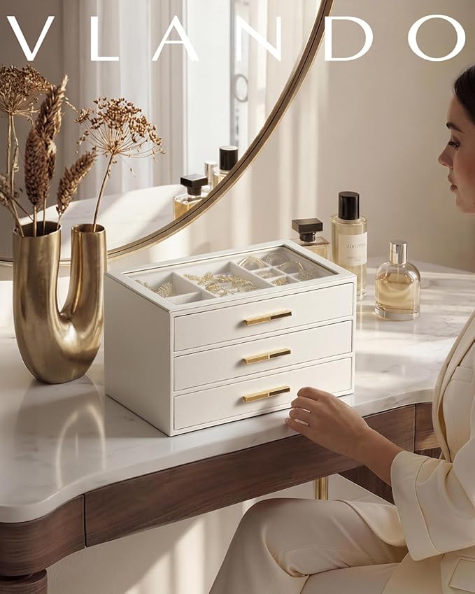 VLANDO Jewelry Box for Women, Glass Lid Jewelry Organizer with 3 Drawers for Necklaces Rings Earrings Bracelets Mother Day Gift for Mom - Cloud White