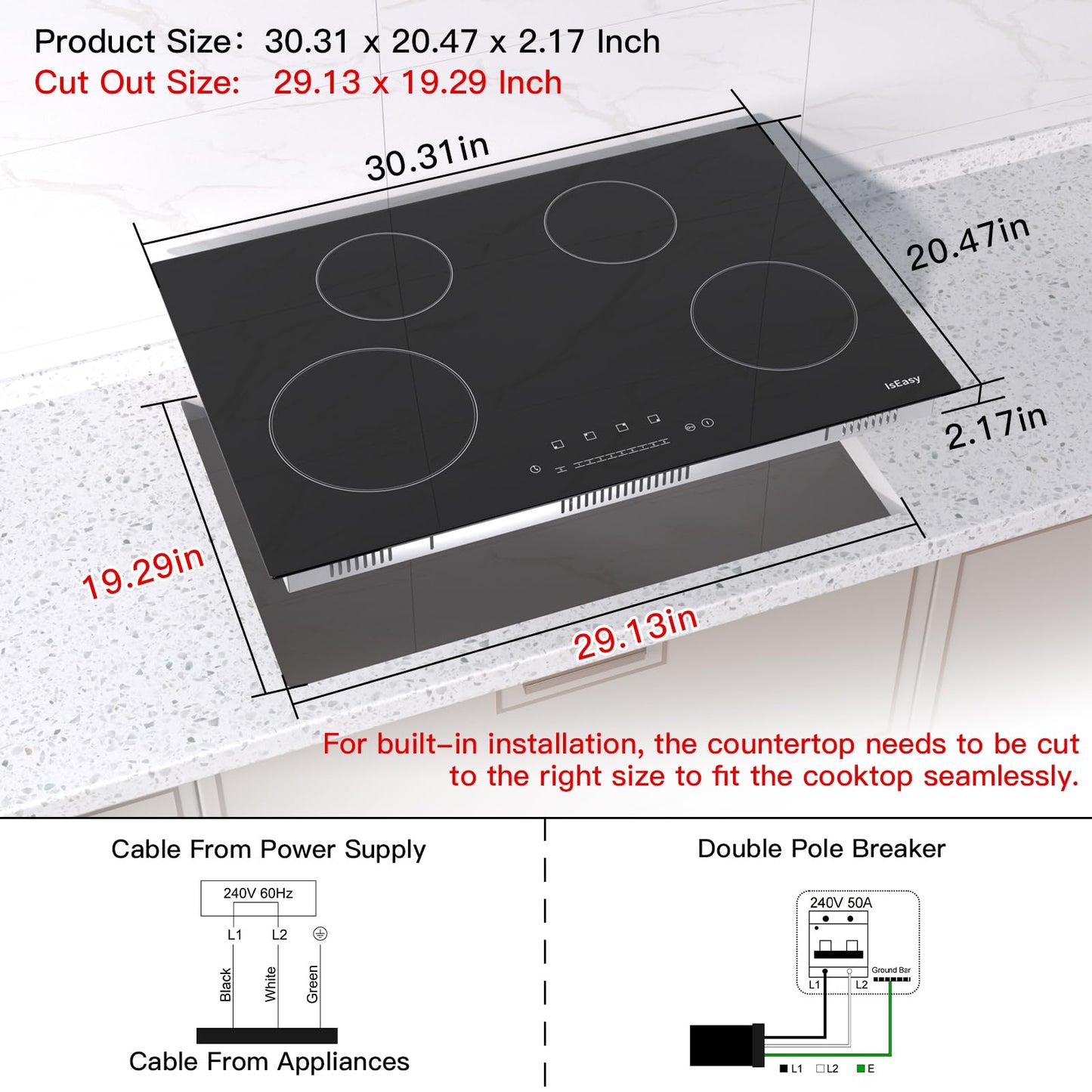 Electric Cooktop Ceramic Stove 4 Burners 30 inch Built-in Countertop Burners Cooker Satin Glass in Black Touch Sensor Control,Timer,Child Safety Lock,9 Power Levels,220-240V 7200W