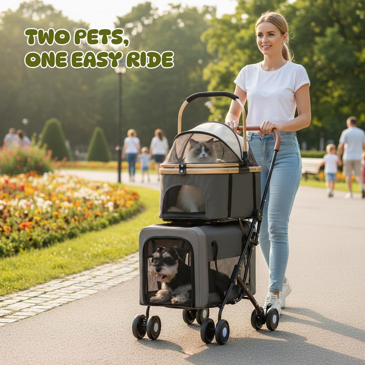 Beuway Double Pet Stroller for Dogs and Cats - Dog Stroller Foldable Travel Carriage with Detachable Carriers, Safety Belts, and 4 Lockable Wheels for Small to Medium Pets (Black)
