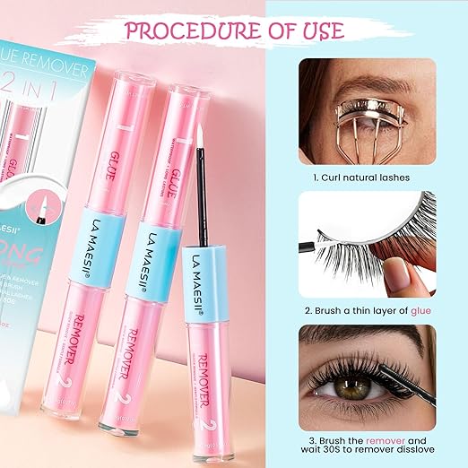 LA MAESII Lash Glue and Remover Waterproof for Long Lasting, Quick Dry Lash Glue, Gentle Non-Irritating Lash Remover, 2 in 1 Lash Adhesive for Sensitive Eyes(Clear)