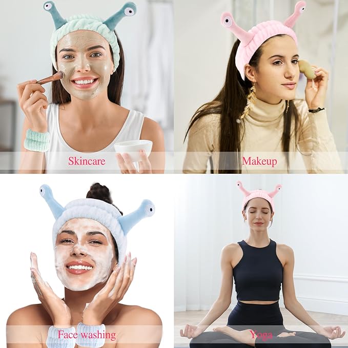 Snail Spa Headband and Wristband Set, Skincare Makeup Headband for Washing Face Cute Animal Spa Hair Bands for Women Girls Stocking Stuffers (Pink Blue Green)