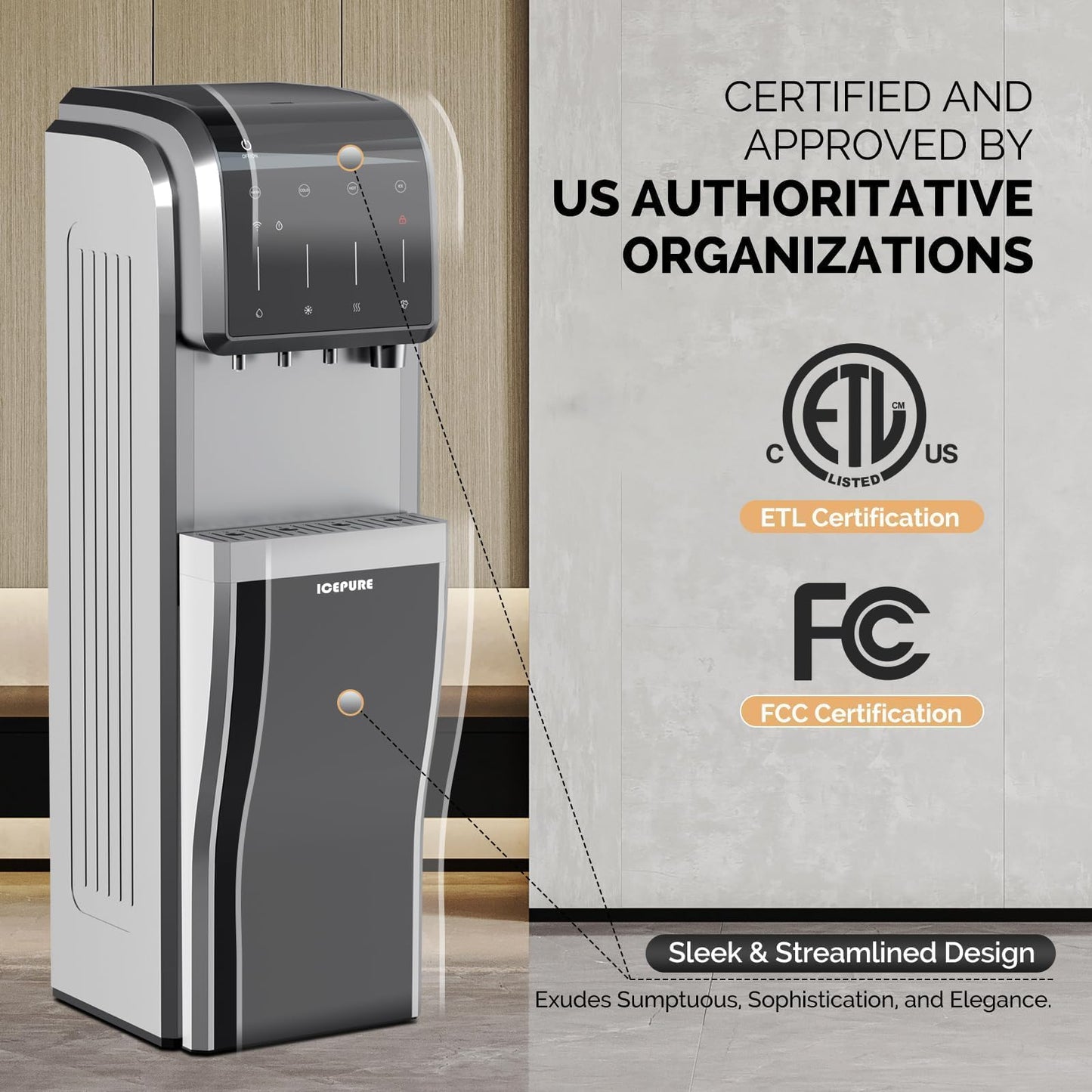 ICEPURE Water Dispenser with Ice Maker, 3-in-1 Hot and Cold Water Cooler with Built-in Bullet Ice Maker Machine, 26.5lbs/24H, Top Loading for 3-5 Gallon Bottle, Child Safety Lock, Bark Grey