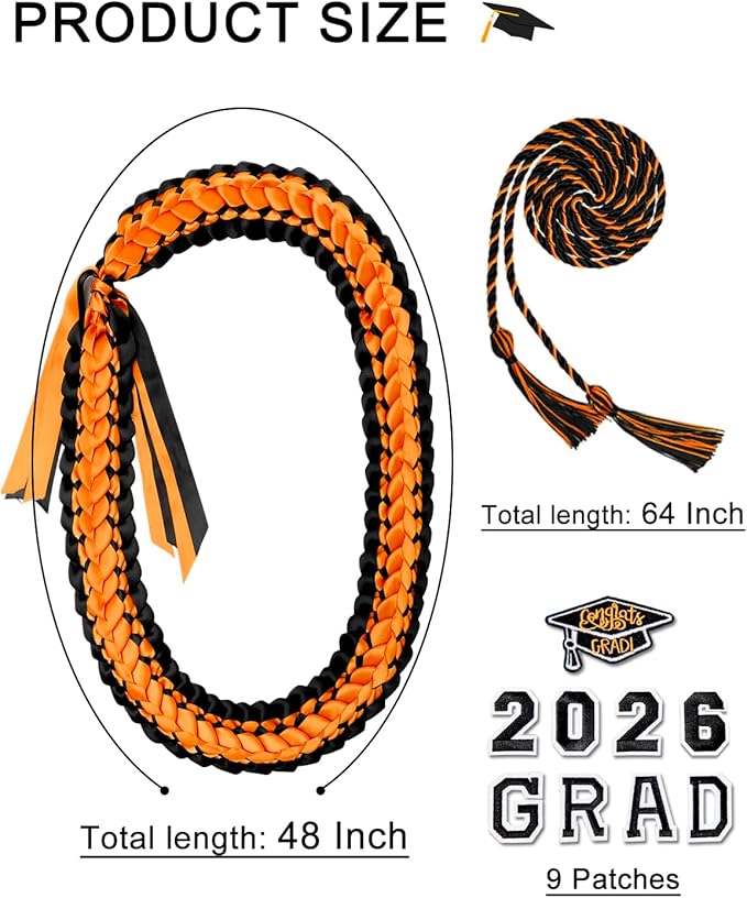 ALKB 2026 Graduation Lei Set - Two-Tone Braided Ribbon with Honor Cord, Unisex Graduation Gift for Graduates, Polyester