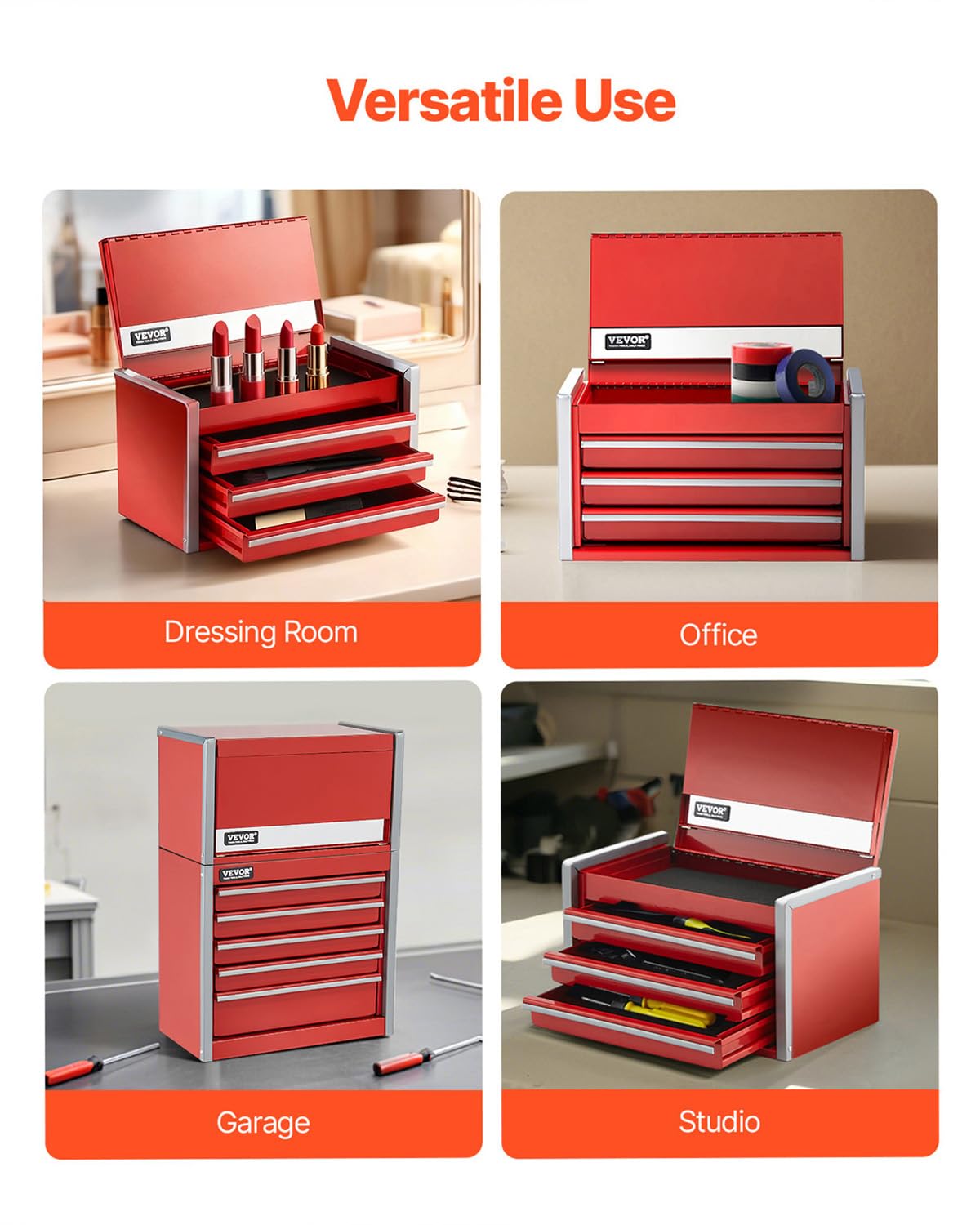 VEVOR Metal Tool Box, 8.6-inch, Portable Metal Tool Box with 3 Drawers, Small Tool Chest with EVA Liners and PP Feet Pads, Heavy-Duty Steel With Ball Bearing Opening and Powder Coated Finish, Red