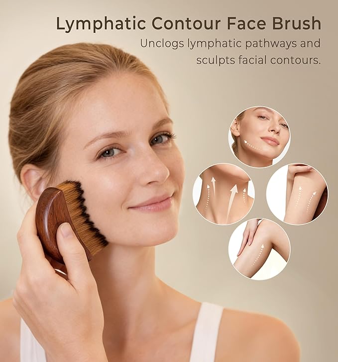Lymphatic Contour Face Brush - Wooden Handle Face Brush for Lymphatic Drainage - Facial Sculpting Dry Guasha Brush - Face Lymphatic Drainage Brush - Face Contour Depuff Lift Brushes Sapele