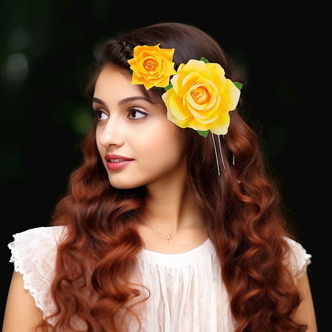 Rose Hair Clip Flower Hairpin Brooch Floral Clips, 4 Pcs Fabric Rose Flowers Hair Clips Mexican Hair Flowers Pin up Headpieces for Woman Girl Wedding Party Mother's Day (2 Sizes) (Yellow)