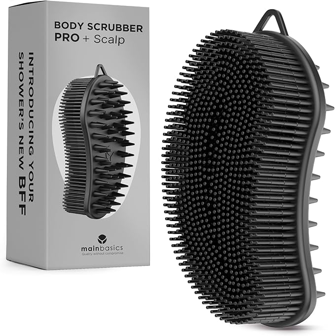 MainBasics Silicone Body Scrubber Dual-Sided Shower Loofah and Scalp Scrubber (Black, Scalp)