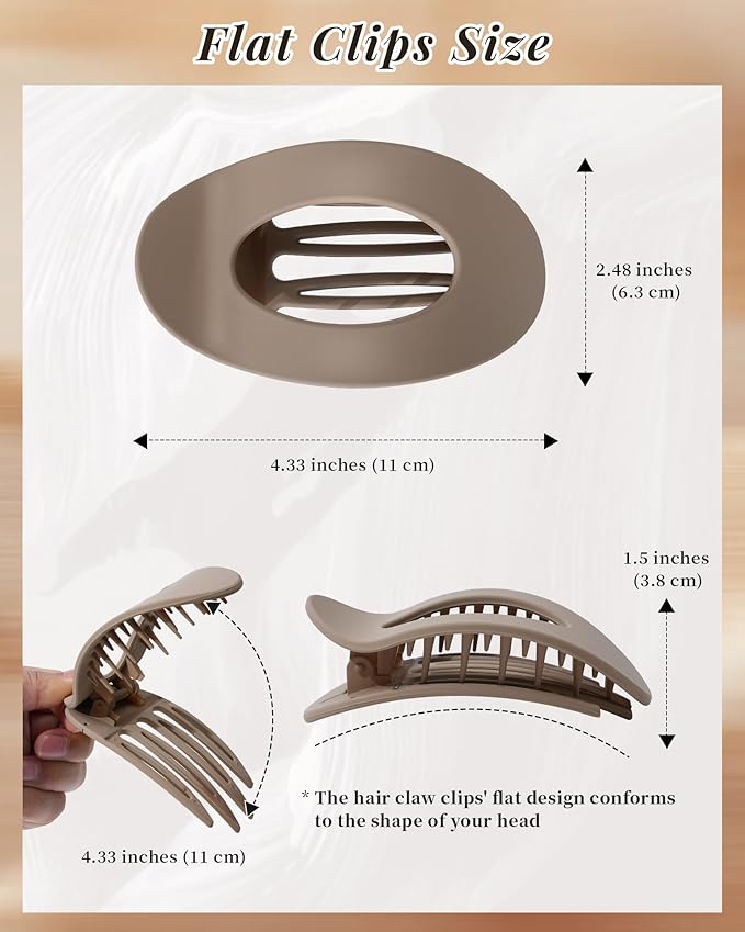 Mesovor 6 Pack Flat Hair Claw Clips, 4.33" Nonslip Large Round Lay Flat Hair Clips | Strong Hold French Flat Hairclips for Lying Down, Yoga, Driving (Neutral Matte)