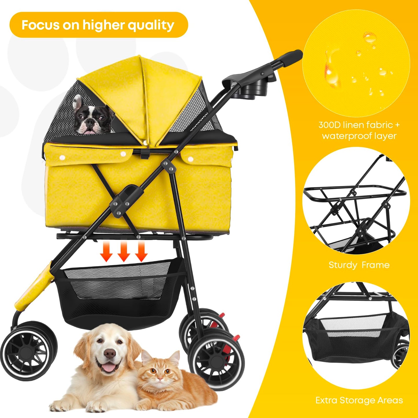 Pet Stroller,Dog Stroller for Small Medium Dogs Cats,3 Wheels,Foldable,with Breathable Mesh Canopy,Cup Holders,Easy Assembly,Yellow