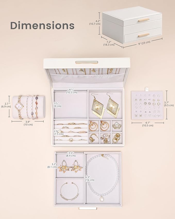 Lolalet 2-Layer Jewelry Box Organizer for Women Girls, Jewelry Storage Case Holder with Drawers for Necklaces Ring Earrings Bracelet Watch, Gifts for Galentines Valentines Girlfriend Wife -Beige