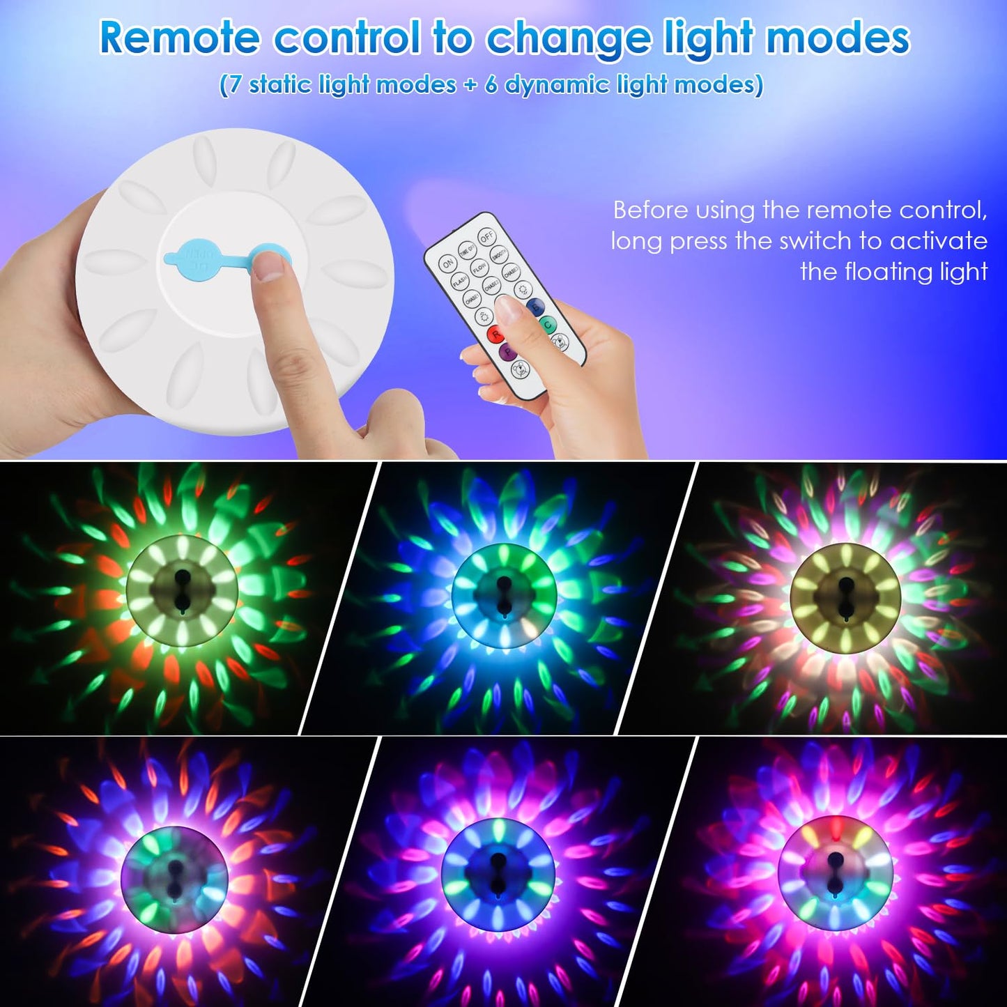 QOLNBY Floating Pool Lights(2 Pack), IP68 Waterproof Pool Lights, Rechargeable RGB Upper and Lower Color Changing Pool Lights with 6 Dynamic Lighting Effects, Floating Light for Pond Gardens,Party