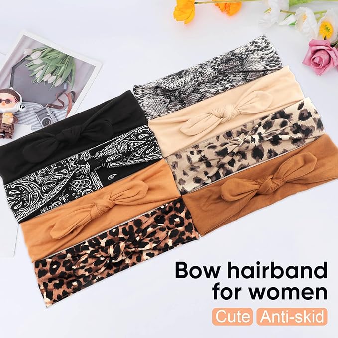 DRESHOW 8 Pack Headbands for Women Bow Knotted Hair Band Facial Cloth Rabbit Ears Running Sport Elastic Hair Wrap