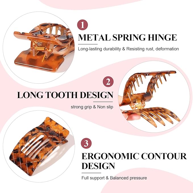 Large Flat Hair Claw Clips for Women Fine Thin Medium Thick Hair, Duckbill Strong Hold Non Slip Square Hair Clips, Cozy French Lay Down Hairclips, Tortoiseshell Colors, 4 Pcs