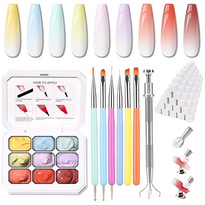 Christmas Gel Polish, 9 Colors Ombre Patting Gel Nail Polish Palette, 100 Sponges 6 Brushes 1Grabber, Blending Color Gradient Painting Nails Art, No Wipe, UV/LED Cured (Set 01)