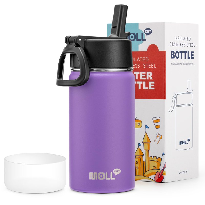 Mollcity 12 oz Water Bottle for Kids-Small Insulated Water Bottle with Straw-Stainless Steel Double Wall Vacuum Sports Water Bottles for School (Purple)