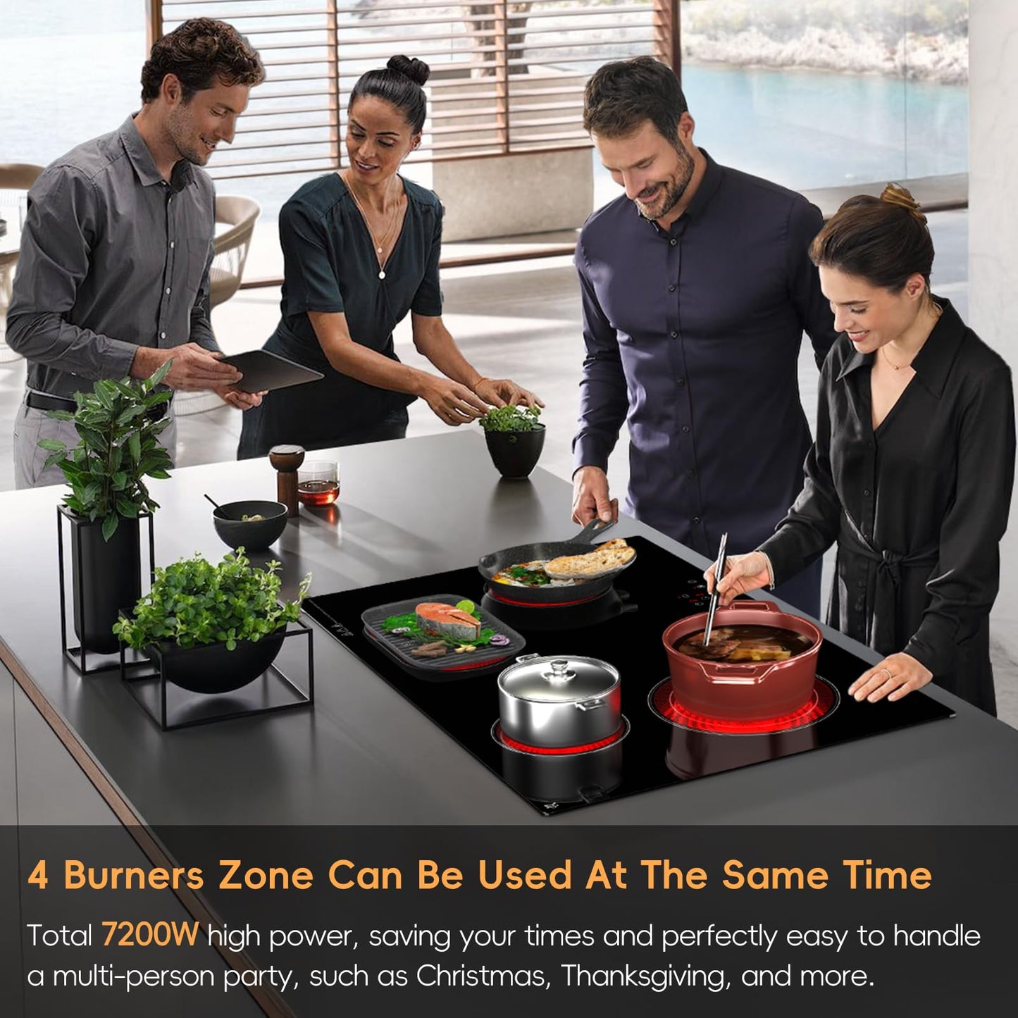 Zarbaco 30 inch Electric Cooktop 4 Burner, 7200W Built-in Stove Top Burner with Sensor Touch Control, Radiant Electric Ceramic Cooktop with Safety Lock, 9 Level Power, 99 Min Timer - Hard Wire