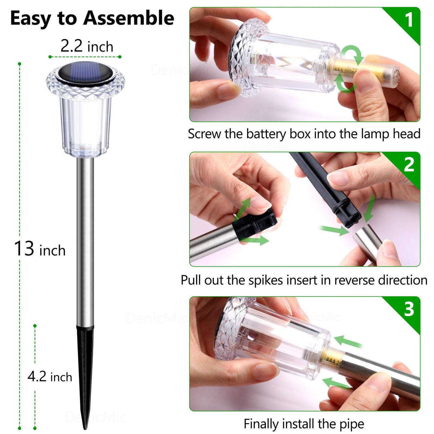DenicMic Solar Lights Outdoor 10 Pack Waterproof 6000K Cold White LED Stainless Steel Stake for Pathway Yard Garden Driveway Solar Powered Outside Christmas Decor