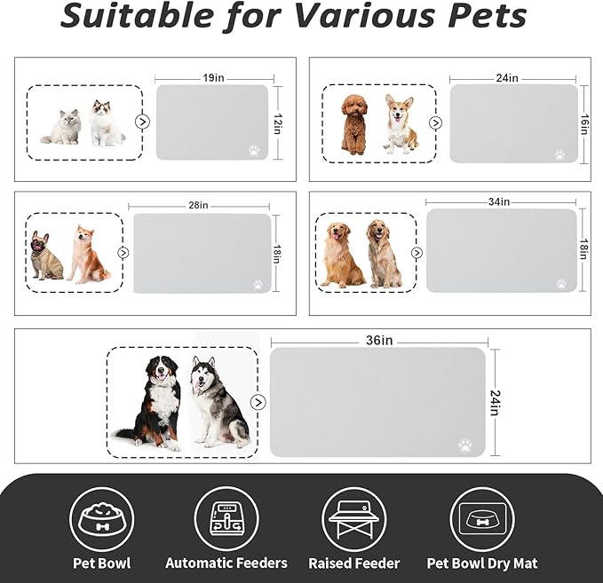 Dog Food Mat - Absorbent Cat Mat for Food and Water, No Stains Pet Feeding Bowl Mat, Easy to Clean Pet Placemats, Quick Dry Dog Water Dispenser Mat for Messy Drinkers | Paw Light Grey 18"x 28"