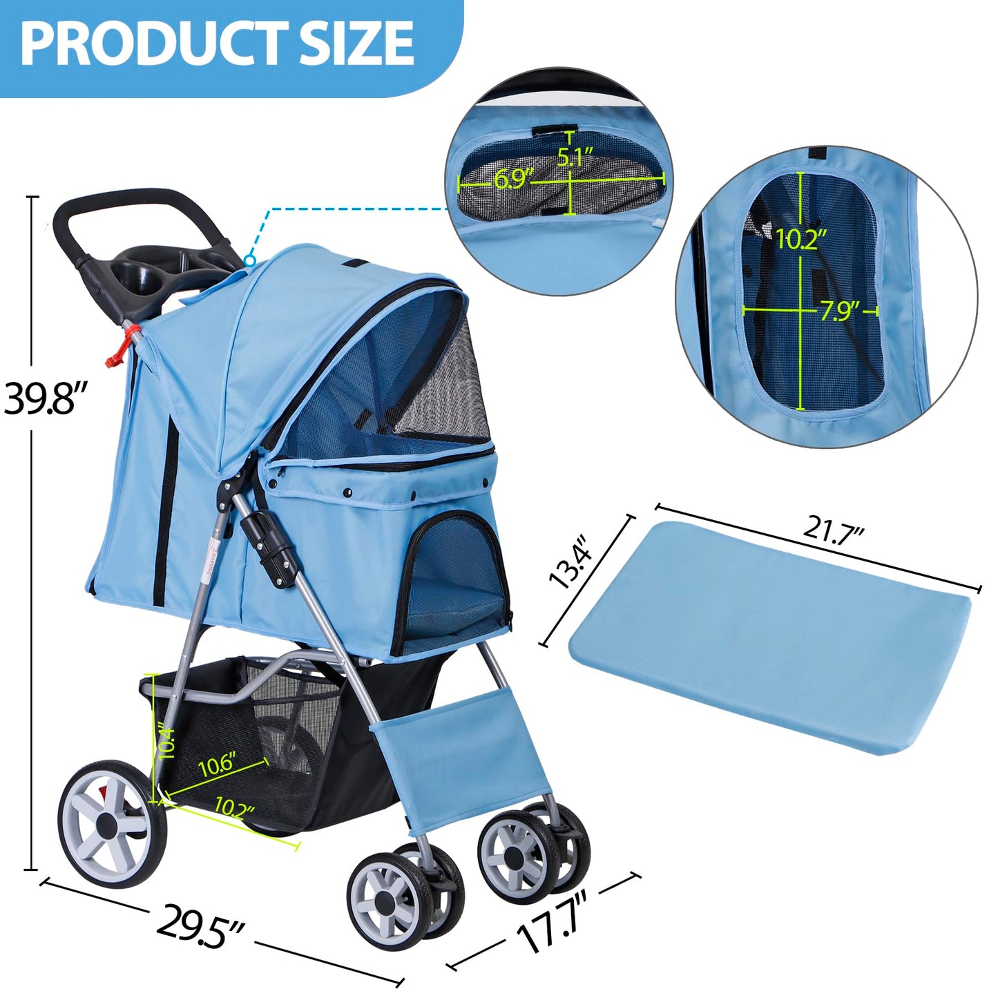 4 Wheels Pet Stroller, Foldable Dog Cat Stroller for Small Medium Dogs Cats, Travel Carrier with Storage Basket and Cup Holder, Waterproof and Lightweight (Blue)