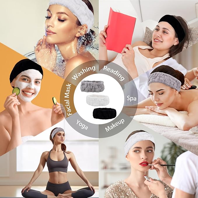 Microfiber Spa Headband 3-Pack, Soft Terry Cloth Headband for Washing Face, Facial Mask, Makeup, Shower, Yoga, Gift for Women and Teens (Black+Light Gray+White)