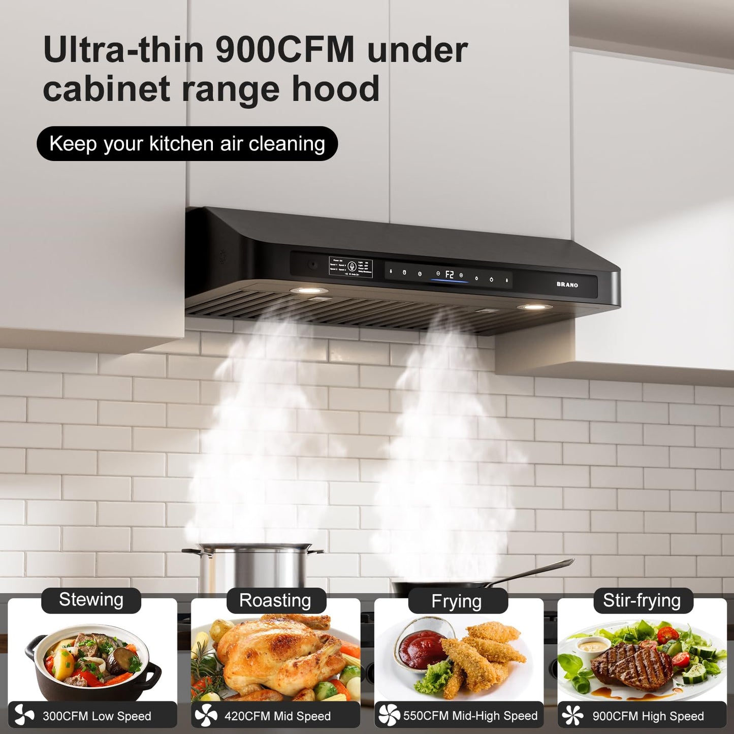 BRANO 30 Inch Under Cabinet Range Hood with Voice/Gesture/Touch Control, 900 CFM Kitchen Vent Hood with 4-Speed Exhaust Fan, Stainless Steel Stove Hood with LED Lights, Baffle Filters