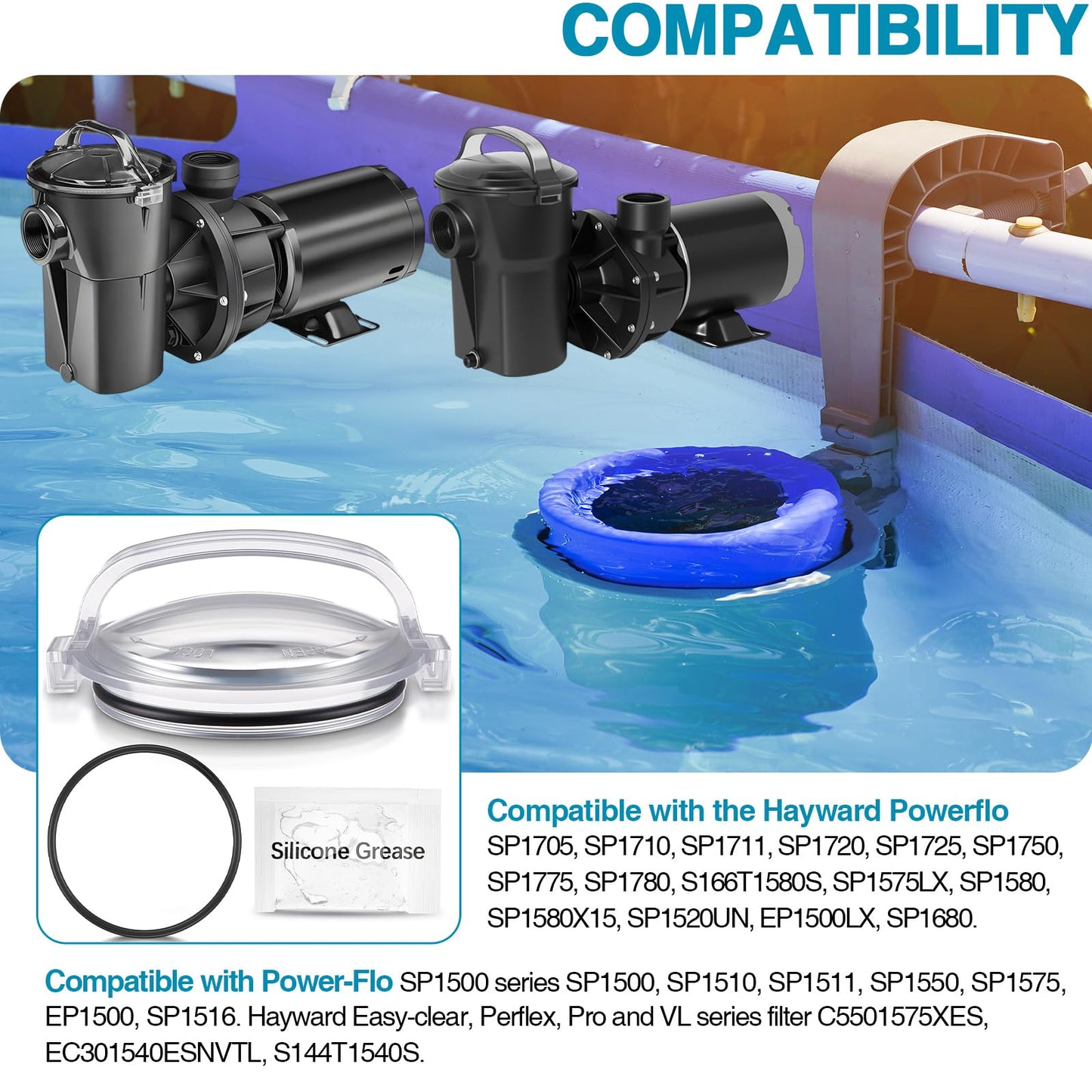 Feekoon Pool Pump Lid and O Ring, Pump Strainer Lid Compatible with Hayward Power-Flo SPX1500D2A, Clear Strainer Cover Replacement, 1 Extra O Ring and Lubricating Grease Included