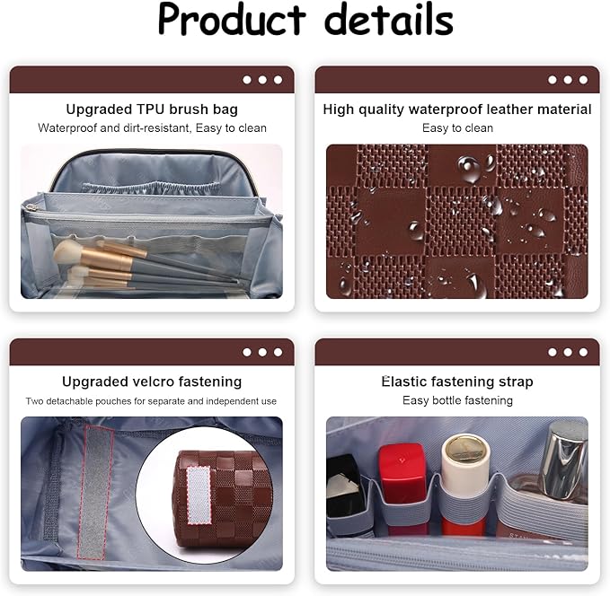 BOYATU Travel Makeup Bag Organizer Cosmetic Bag: 3 Pcs Set Make up Bags for Women with Handle - Waterproof Vegan Leather Toiletry Bags Travel Essentials Pouch with Compartments (03-A-Coffee)