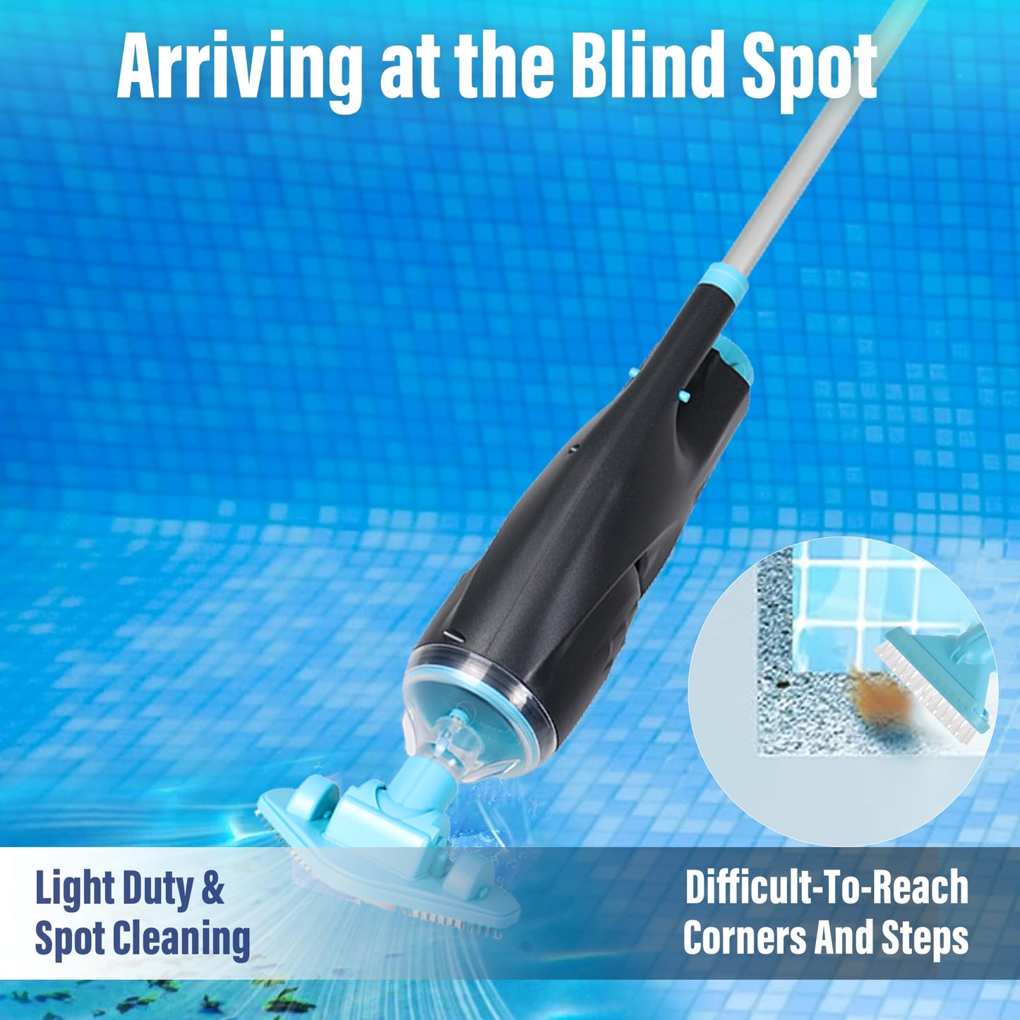 Rechargeable Handheld Pool Vacuum Set with Adjustable Pole and 2 Interchangeable Brush Heads, Ideal for Above-Ground Pools, Hot Tubs, Spas, and Small Pools up to 20ft – Cordless Spot Cleaner(Blue)