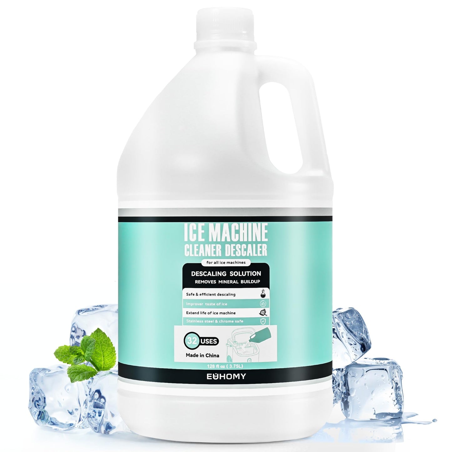 EUHOMY Max 33 Uses Ice Machine Cleaner Descaler (1 Gallon / 3.75L), 128 Fl OZ Ice Maker Cleaner, Ideal Universal Descaling Solution for All Brands Ice Maker, Single Use Coffee and Espresso Machines