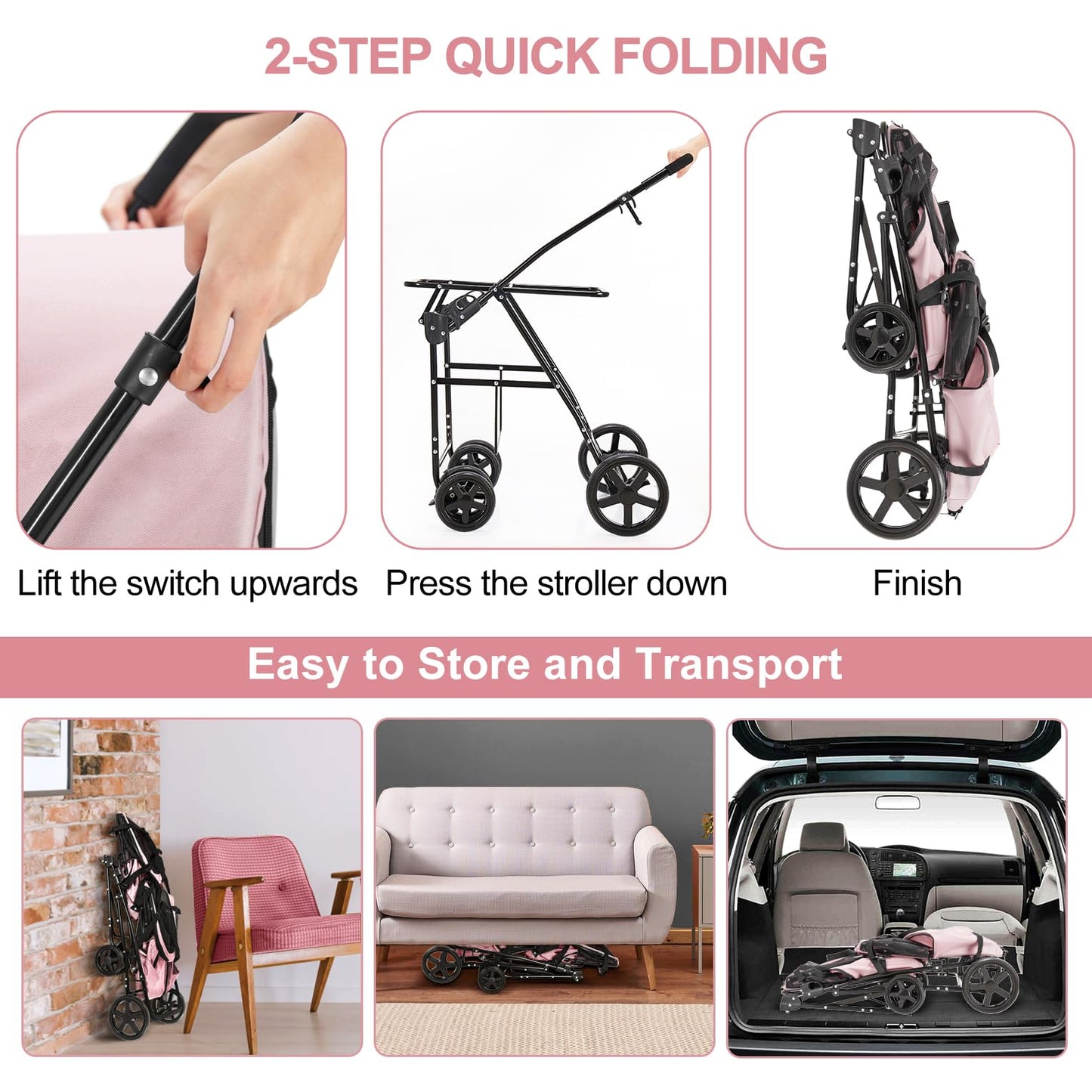 LPOTIUS Double Pet Stroller for Dogs and Cats with 2 Detachable Carrier, Quick-Folding Dog Stroller for Medium Small Dogs Cats, 4 Wheels, Light Pink