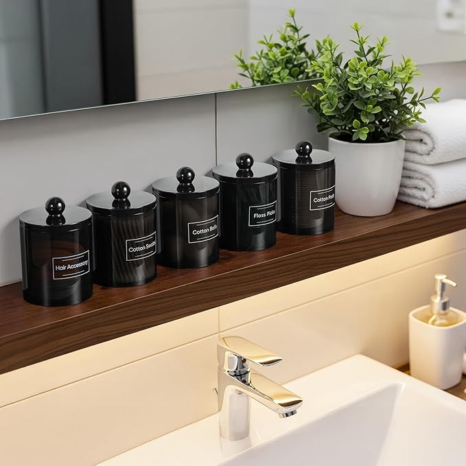 6 Pack Acrylic Qtip Holder Dispenser for Cotton Swabs, Balls, Pads, Floss Picks- Clear Plastic Canister Apothecary Jar Set, Bathroom Essentials Accessories Decor Vanity Makeup Storage Organizer -Black