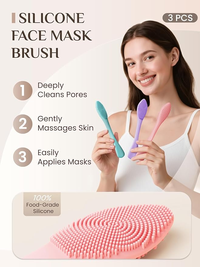 Rena Chris 3 pcs Silicone Face Scrubber, 3 in 1 Face Mask Applicator & Facial Cleansing Brush, Pore Brush for Exfoliating, Blackhead, Skincare Applicator Tools