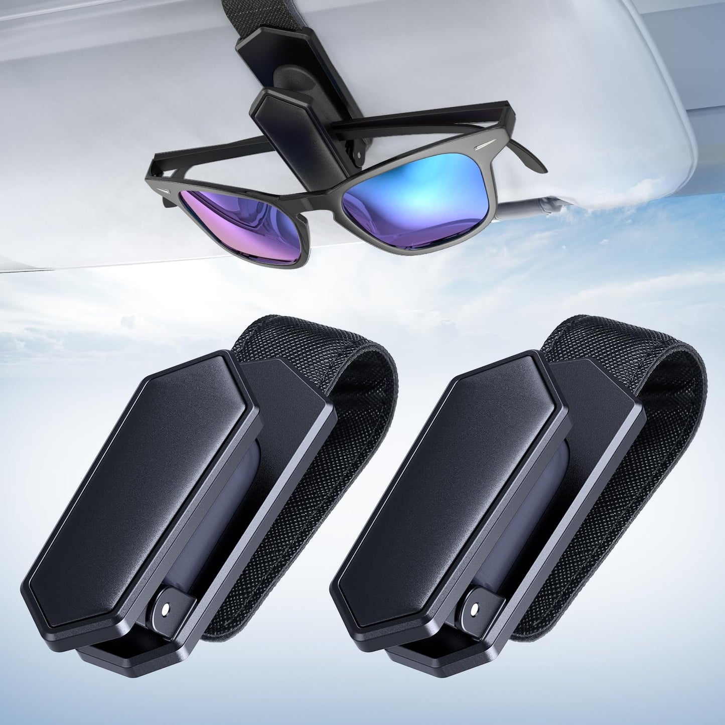 Veharvim Sunglass Holder for Car (One-Handed-Operation, Gentle & Secure Hold, Silicone Padded, Universal Fit, Metal Clip) Visor Sunglass Holder Clip,Visor Sunglass Car (Black, 2 Pack)