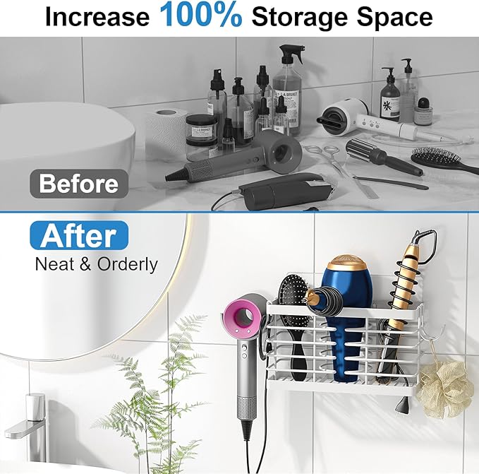 Sevenblue Hair Tool Organizer, 2026 Upgraded 3-in-1 Universal Hair Dryer Holder, Adjustable Height Metal Blow Dryer Holder Wall Mounted/Over Cabinet Door, Bathroom Organizer and Storage(White)